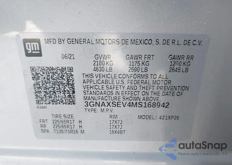 2021 Chevrolet Equinox Awd Ls z USA, uszkodzony, nr VIN 3GNAXSEV4MS168942